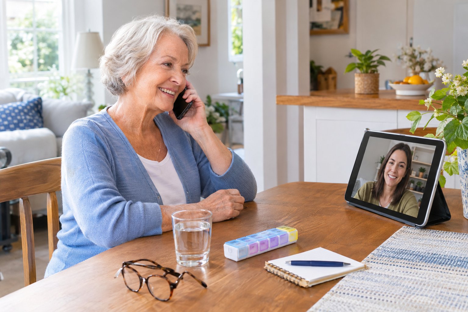 Eine ältere Frau telefoniert zu Hause mit ihrer Tochter und organisiert ihre Betreuung.